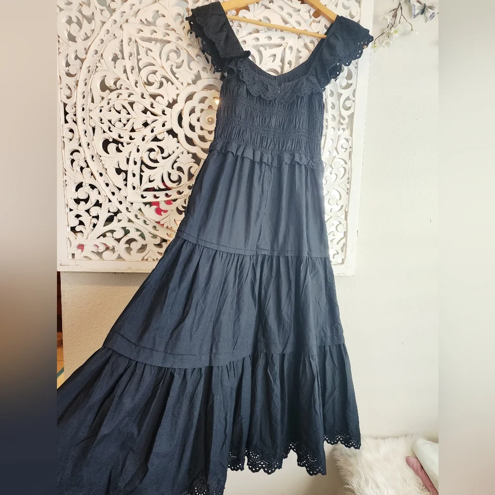 Madewell Madilynn Ruffle Neck Lucie Black Midi Dress Size 0 - Picture 14 of 14